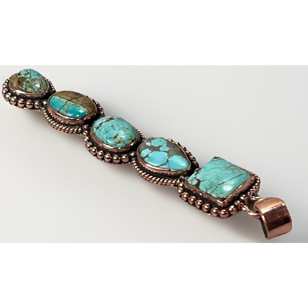 Southwestern No. 8 Mine Turquoise Five Stone Copper Statement Pendant 3.5” - Picture 8 of 16